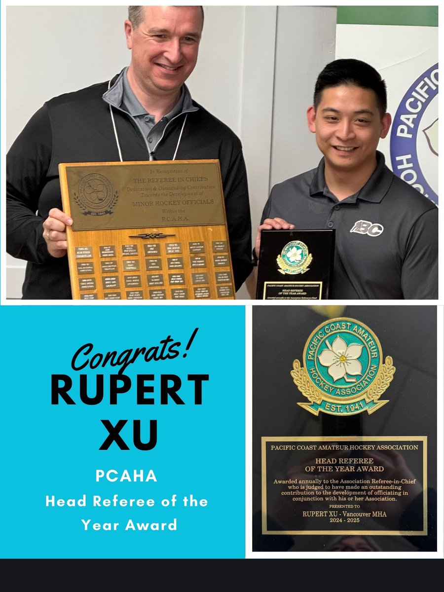 Congrats to our own RIC, Rupert Xu, for receiving this year's PCAHA Head Referee of the Year Award! As VMHA's RIC, Rupert has significantly enhanced the officiating program, growing our numbers of certified officials and implementing rigorous training and mentorship programs.