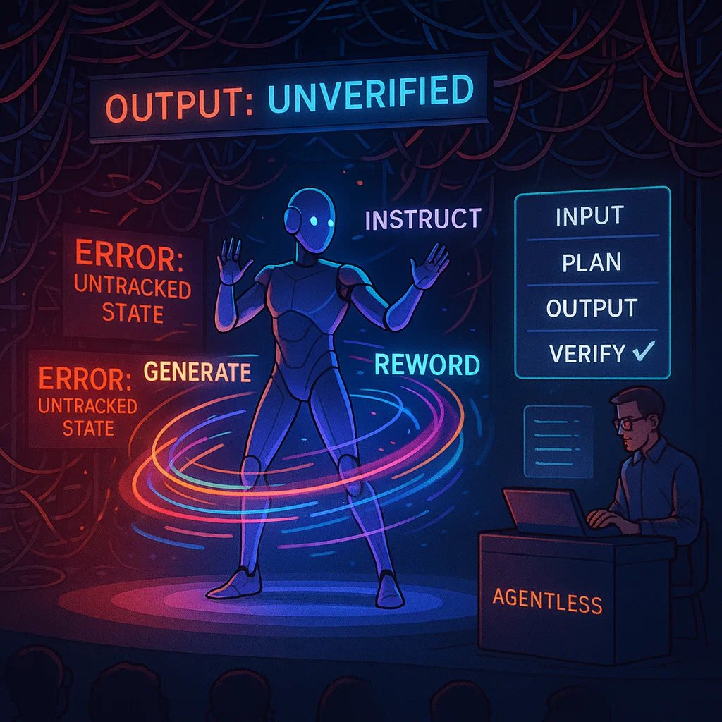 🌀 AI agents are cool on demos — until they break and no one knows what just happened.

Opaque logic. Lost state. “It worked once” vibes.

Agentless isn’t here to perform. It’s here to run.

📐 Precise over pretty
🧪 Testable over theatrical
🧭 Built to make sense, not impress