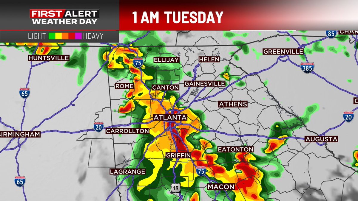 Another round of showers and storms overnight with the potential for strong-to-severe storms containing large hail, strong damaging winds, and even an isolated tornado. The severe risk tonight is a level 1 of 5 for most of the area #SevereWeather #ATL #GAwx