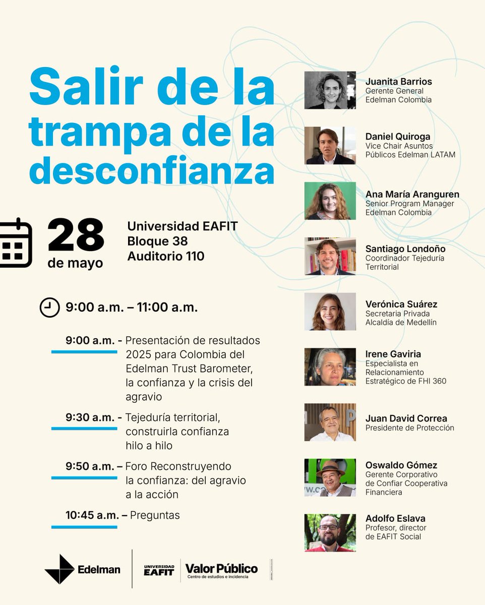 CValorPublico's tweet photo. ¿Qué podemos hacer juntos para salir de la trampa de la desconfianza? Nos vemos este miércoles en @EAFIT para conversar con un panel que lleva años trabajando  e investigando alrededor de esta pregunta. https://t.co/ot9jgXMzgm