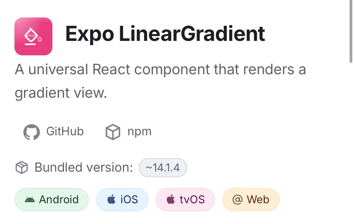 sthareja19's tweet photo. #50DaysOfAppDevelopment Day 4/50
-> Linear Gradients in Expo!
Create beautiful View instances with a linear gradient fill inside :) Helped me create a stand-out progress bar filler for my app and adds so much to an otherwise monotone home screen! https://t.co/WAIyvB9lPw