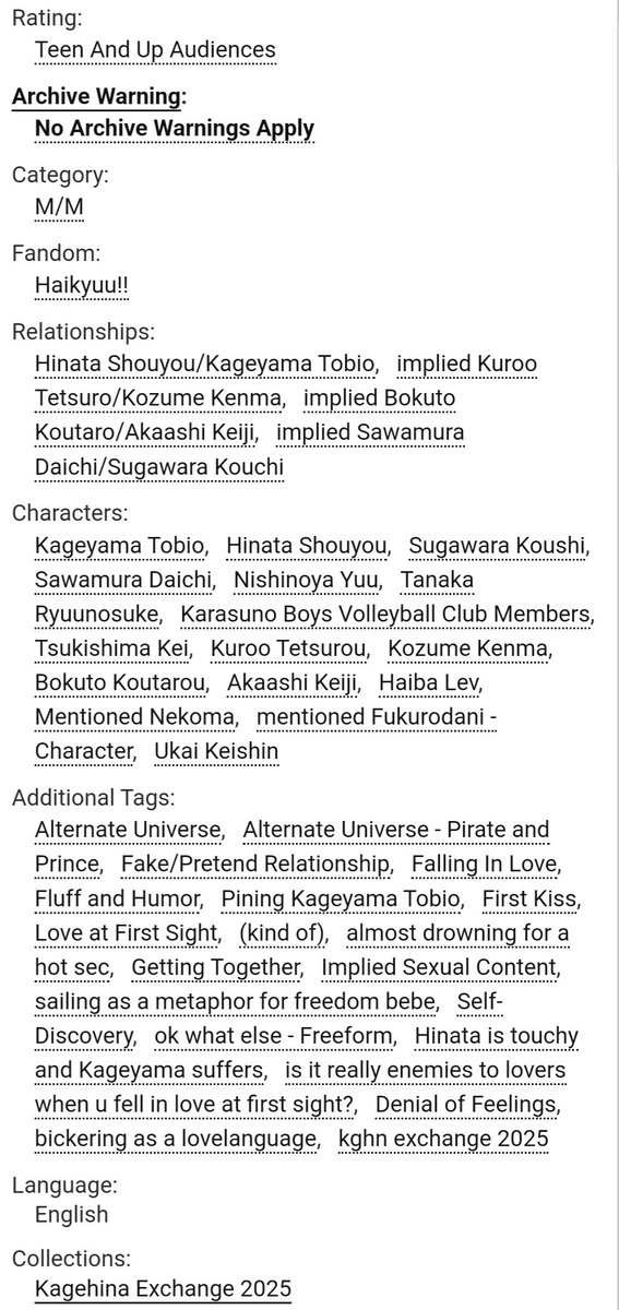 Surprise!!! I kicked my own butt into participating in this years <a href="/kghnexchange/">KageHina Exchange 2025</a> again 🥰🥳🧡

It is with great pride that i present to you: 

🏴‍☠️🧡 prince kgym x pirate hnt

🏴‍☠️🧡 fake relationship

🏴‍☠️🧡 falling in love

🏴‍☠️🧡 &amp; being stupid about it

🏴‍☠️🧡 8k, rated T, link below ⬇️