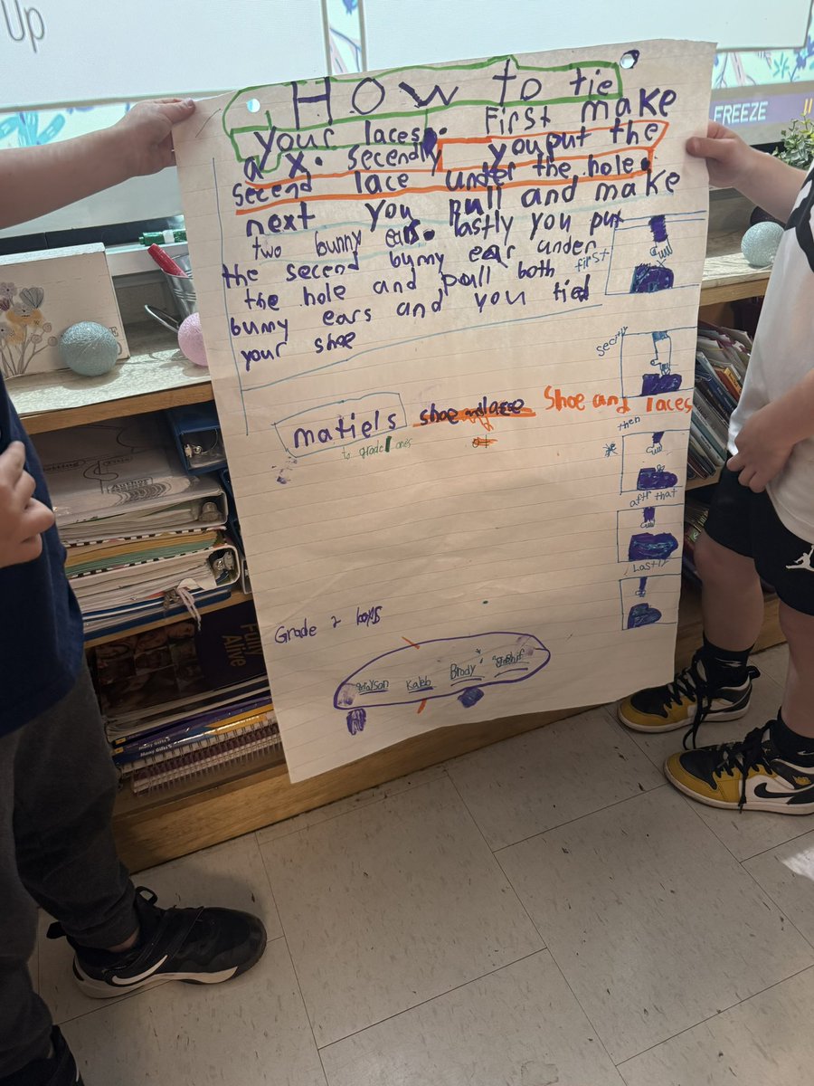 Today, we had some cute visitors from Mrs. Ricitano’s class come teach us how to write neatly &amp; tie shoelaces. Great job grade 2’s!🥰