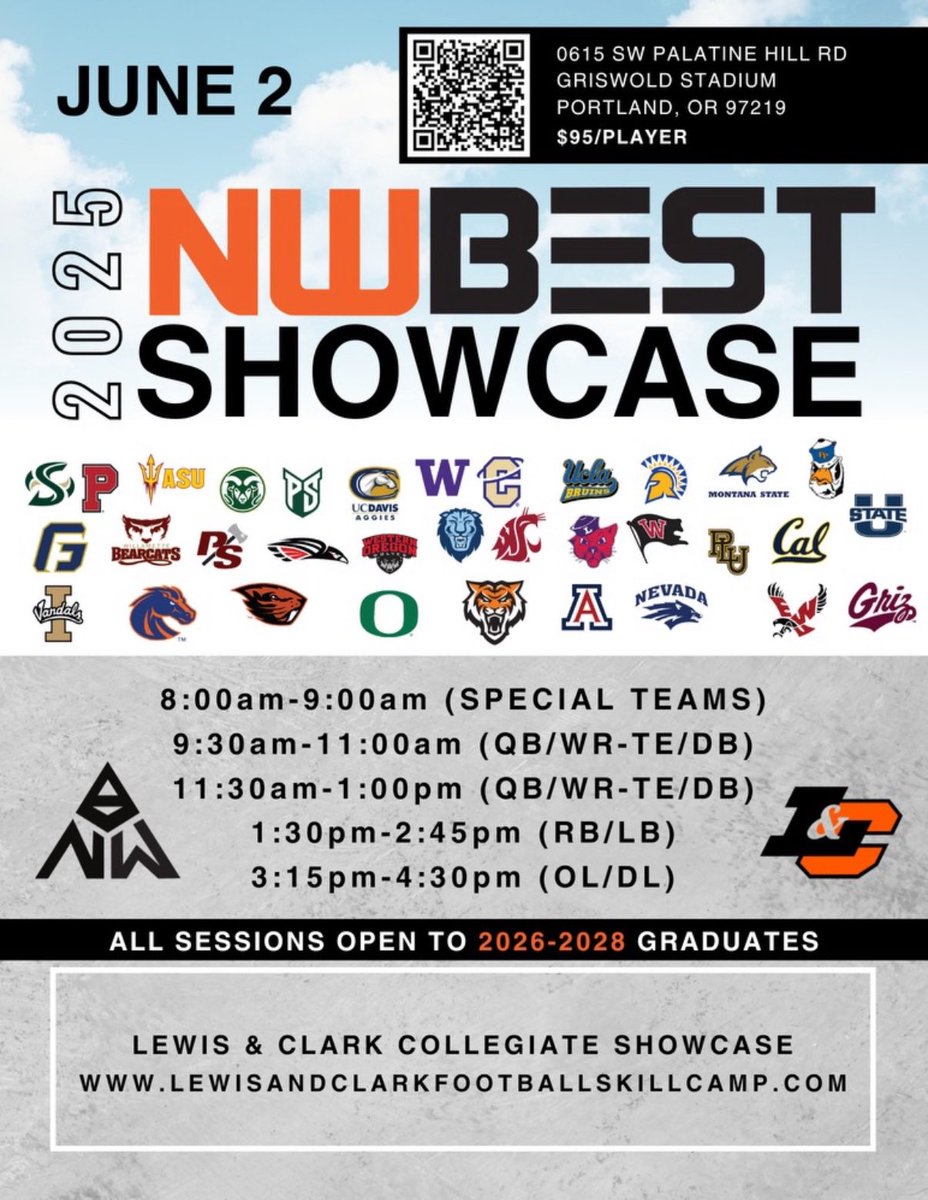 Michael Machado (@coachmachadojr) on Twitter photo 1 WEEK OUT 😈. The Northwest Best Showcase is where stars rise and opportunities get earned. Elite colleges. Serious talent. Are you built for it? Sign up now or miss out." <a href="/nwbestshowcase_/">NW BEST</a> <a href="/Coach_DanFields/">Coach Daniel Fields</a> <a href="/coachbelliott/">Brett Elliott</a> <a href="/lewisclarkfb/">Lewis & Clark Football</a>
Sign up Link: lewisandclarkfootballskillscamp.com/nw-best-showca… 1 WEEK OUT 😈. The Northwest Best Showcase is where stars rise and opportunities get earned. Elite colleges. Serious talent. Are you built for it? Sign up now or miss out." <a href="/nwbestshowcase_/">NW BEST</a> <a href="/Coach_DanFields/">Coach Daniel Fields</a> <a href="/coachbelliott/">Brett Elliott</a> <a href="/lewisclarkfb/">Lewis & Clark Football</a>
Sign up Link: lewisandclarkfootballskillscamp.com/nw-best-showca…