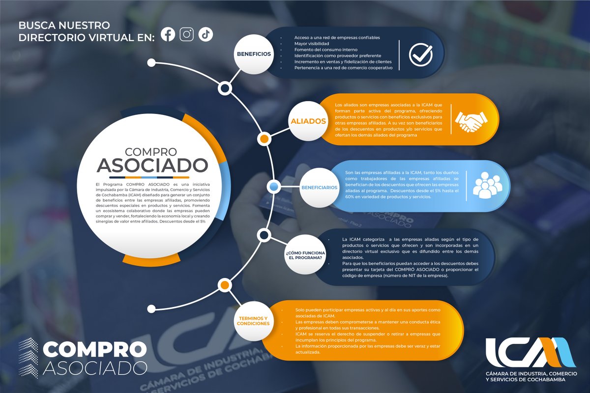 ICAMCBBA's tweet photo. 📲 ¿Ya eres parte de COMPRO ASOCIADO?
Si eres parte de la ICAM, formas parte de una red de empresas confiables, con beneficios exclusivos y descuentos desde el 5%. 🎯
👉 Encuentra nuestro Directorio Virtual en:
https://t.co/ZJs40WddGu
🧩 #ComproAsociado #RedEmpresarial https://t.co/4cGvTlD1nX