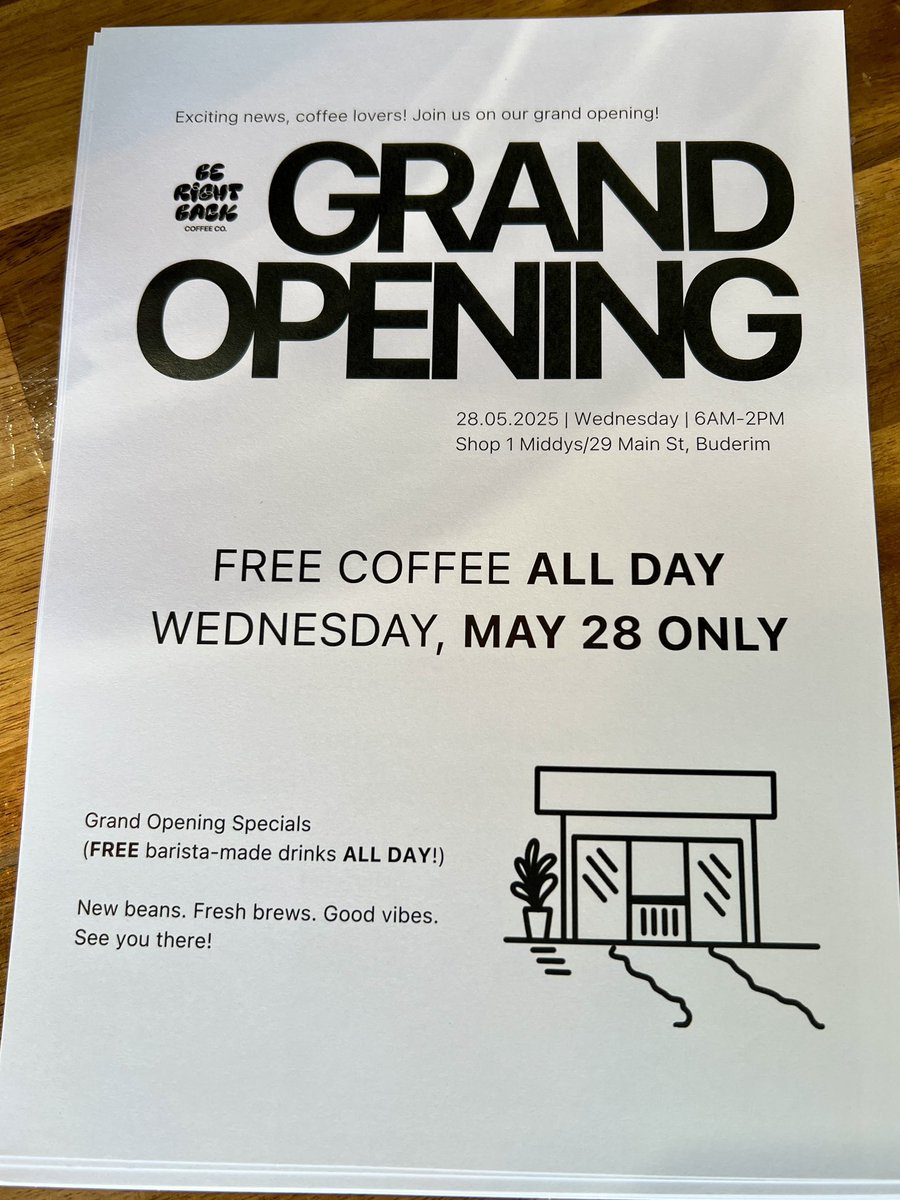 4556Chamber's tweet photo. Tomorrow Wednesday 28 May is the Grand Opening of Be Right Back Coffee CO in Middy’s Buderim. FREE coffees all day 6am to 2pm. Congrats Ryan &amp; Kate 🙌 Expect to be busy 😜💯😍 #sunshinecoast #StateofOrigin day! https://t.co/FRQO9yrK5K