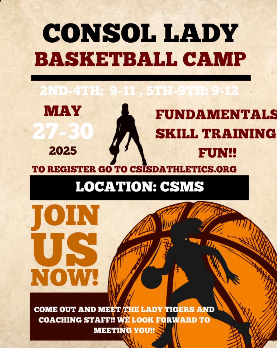 acmladytigerbb's tweet image. Alright there is still time to register!! Camp starts tomorrow‼️Don't miss out on the fun & learning! Remember the camp is at CSMS 9:00-12:00. Hope to see you tomorrow! @ConsolHS @CSISDAthletics @AMCHSTigerClub