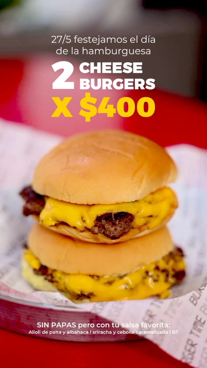 Mañana imperdible en <a href="/burgertimeuy/">Burger Time</a>.
Día de la hamburguesa se festeja con 2 cheese burgers a $400, si, solo $400.
Una locura!!!
Yo que vos mañana aprovecho en <a href="/burgertimeuy/">Burger Time</a>…