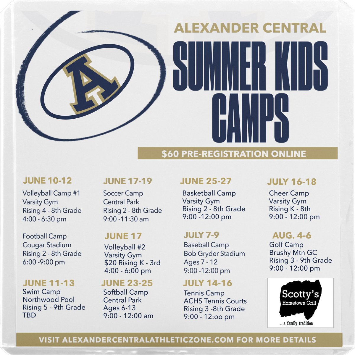 ACHS Camps are avaliable this summer!  Purchase tickets at - gofan.co/app/school/NC45

More details at - alexandercentralathleticzone.com

#bluecollargoldstandards