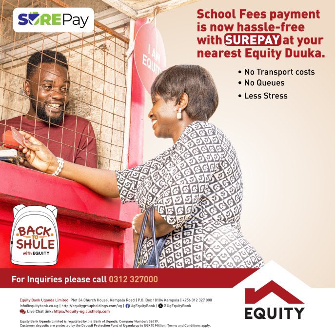 ChimpReports's tweet photo. AD: Get your children ready for the new term without the usual back-to-school stress. With SUREPAY available at Equity Duuka agents near you, school fee payment is now quick, convenient, and completely queue-free. #ChimpReportsNews #EquityBankUganda #BackToSchoolWithEquity @UgEquityBank