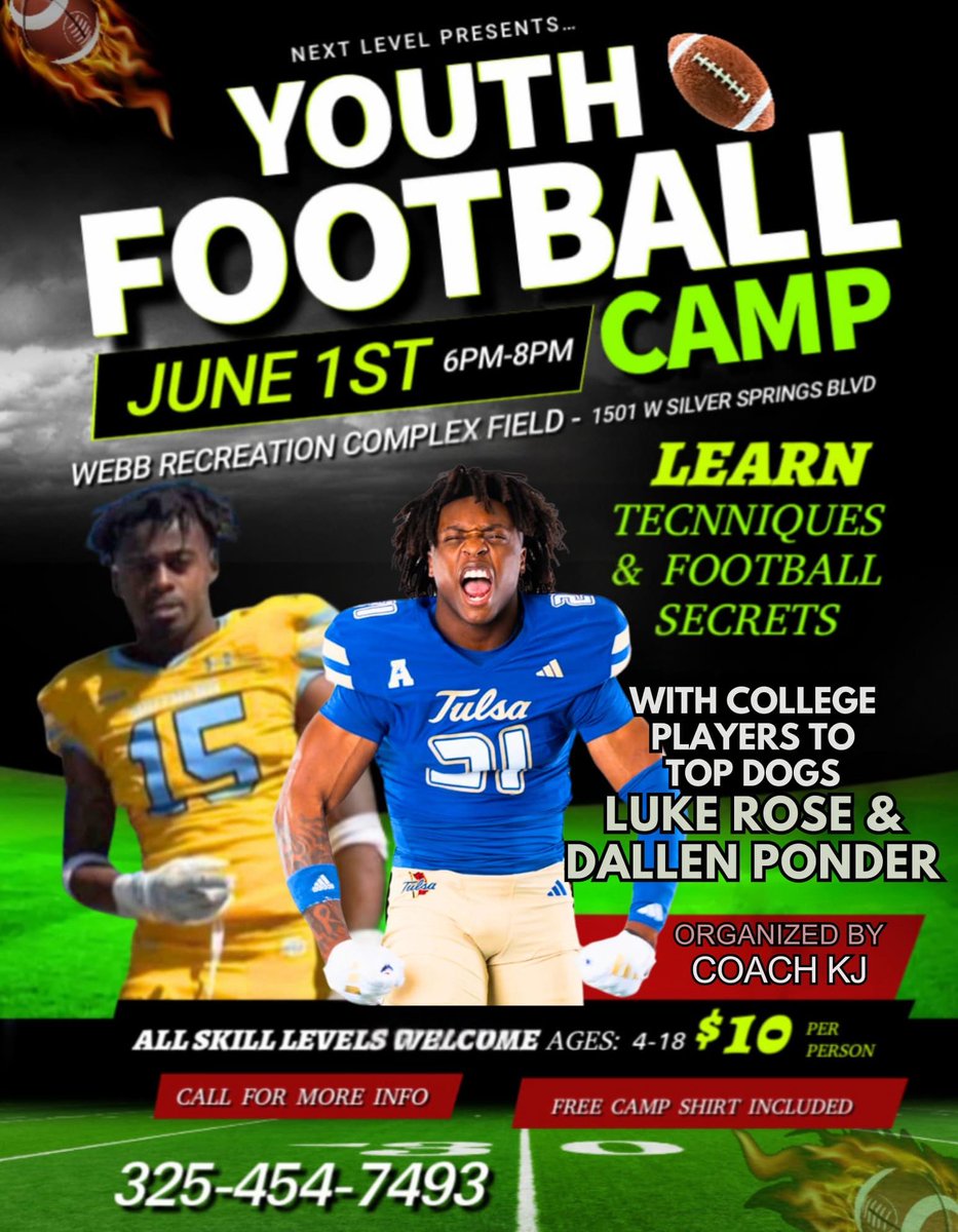 DallenPonder's tweet image. Ok Let’s Go! Taking it to the Next Level! All are welcome to Join this Camp!!!
All Proceeds go to Marion County Pop Warner Football!