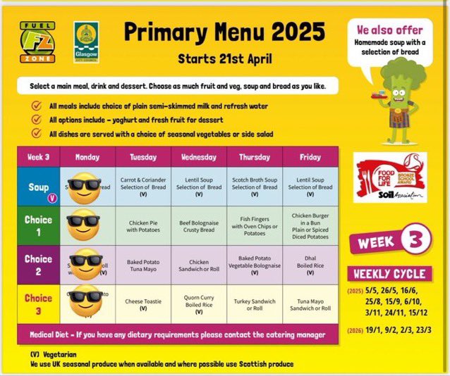 This week’s menus ,remember to select online. Bring jackets with hoods tomorrow please,  it is going to be a rainy one ❤️