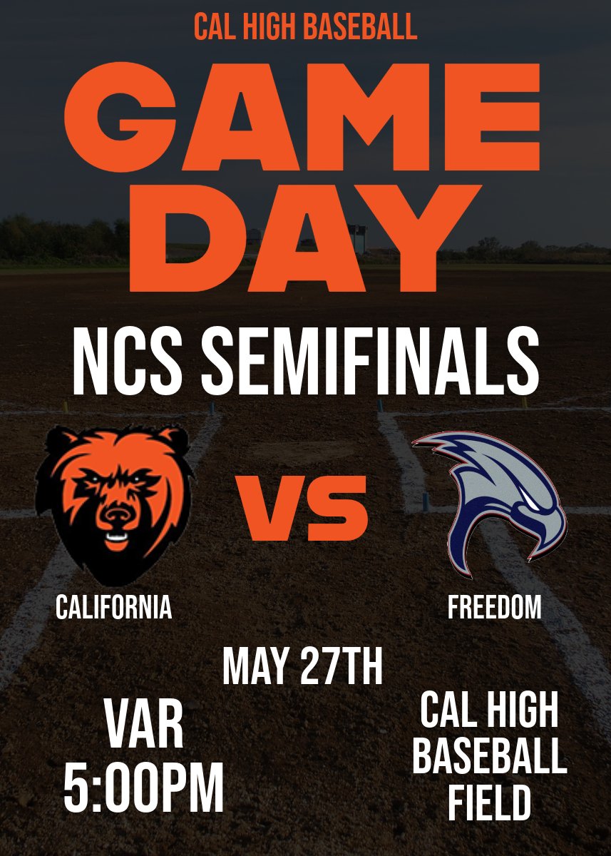 Grizzlies, come support Cal High's varsity baseball team as they take on Freedom HS in the NCS Division 3 Semifinals! Tickets are on sale at gofan.co

#gogrizzlies