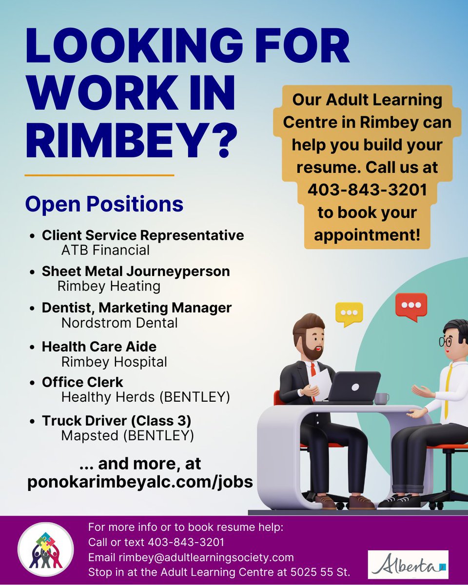 Looking for work in Ponoka or Rimbey? Updates every Monday at ponokarimbeyALC.com/jobs 💵💪