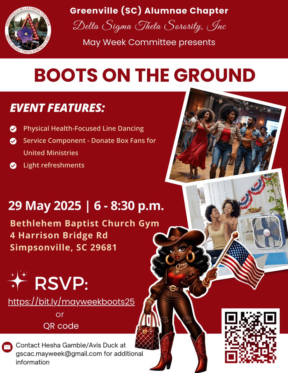 GreenvilleSCDST's tweet photo. Get ready to dance, serve, and thrive! Join us for a fun line dance session focused on physical health, wellness and service.
๐ Bring a box fan to support United Ministries
๐ Light refreshments will be served
RSVP via the link in bio or QR code!
#MayWeek #GSCACDST #Service https://t.co/Xi0zLN33du
