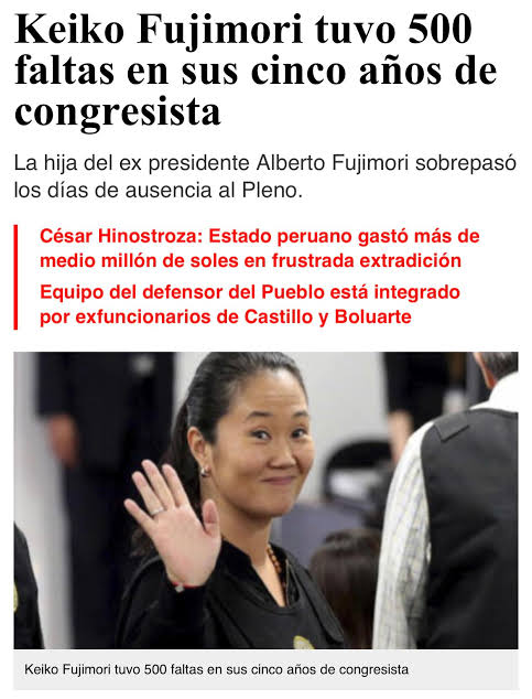 martinfiera's tweet photo. Fujimoristas dicen que Keiko si trabajó cuando fue congresista.
Keiko Fujimori tuvo 500 faltas en el congreso y cobro puntual y completo.
Los demás días calentó el asiento.
Ociosa a los 50. https://t.co/eYRlHMIuls