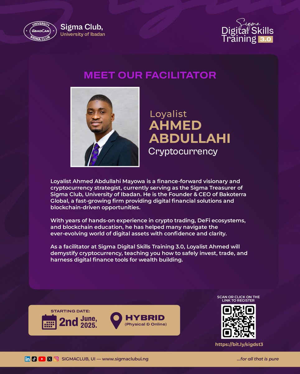 _sigmaclub_ui's tweet photo. Meet Our Facilitator: Loyalist Ahmed Abdullahiπ°π
π Register Now: https://t.co/ZiiXQsNbW0
Registration ends May 30 β Donβt sleep on the future of finance! π
#SigmaDigitalSkills
#DigitalSkillsTraining3
#ForAllThatIsPure
#LearnCrypto
#TipsFromSigmaClub
#SigmaClubUI https://t.co/PFJLEmmAQ5