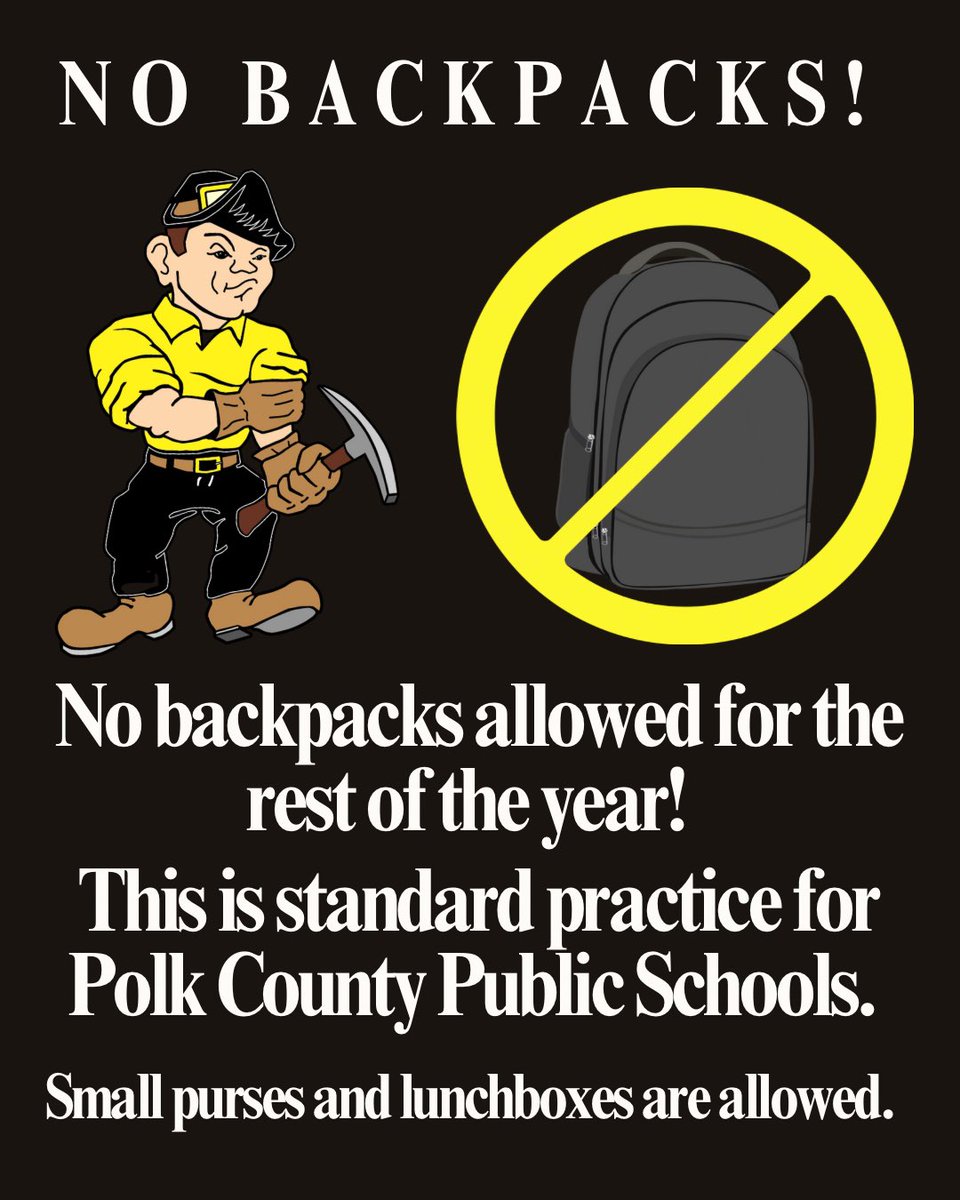Fort Meade Mid/Sen (@fmmshs) on Twitter photo No backpacks allowed for the rest of the school year. This is normal practice for Polk County Public Schools. Small purses and lunchboxes are allowed. No backpacks allowed for the rest of the school year. This is normal practice for Polk County Public Schools. Small purses and lunchboxes are allowed.