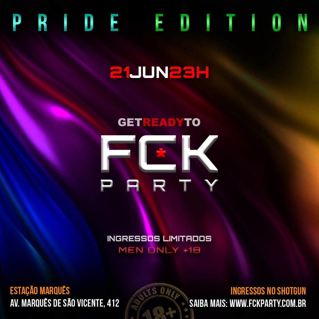 Pra celebrar o orgulho dos nossos desejos, dos nossos fetiches e de sermos como somos: FCKRs!

Ingressos Limitados:
👉🏻 shotgun.live/pt-br/events/f…

Uma mega edição do seu parque de diversões em outro endereço: 

📍Avenida Marquês de São Vicente, 412 - Metrô Barra Funda -São Paulo

🔞