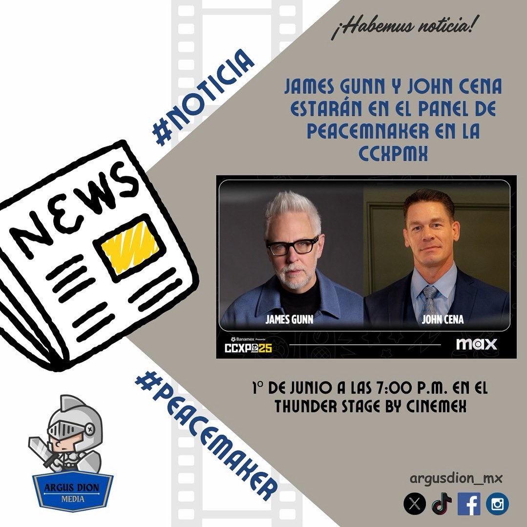 argusdion_mx's tweet photo. Habemus #DCComics al máximo!

Cuando creías que el Thunder Stage by Cinemex ya había explotado suficientes veces… #PEACEMAKER llega y dice: “Hold my helmet!”

La #CCXPMX25 vivirá un momento de gloria el 1º de junio a las 7:00 p.m.

#JamesGunn #JohnCena  
@CCXPMexico @StreamMaxLA https://t.co/kl8KeZ7vtU