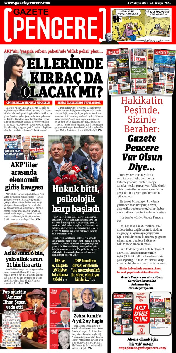 "Ellerinde kırbaç da olacak mı?" manşetiyle bugünkü gazeteniz

27.05.2025

gazetepencere.com