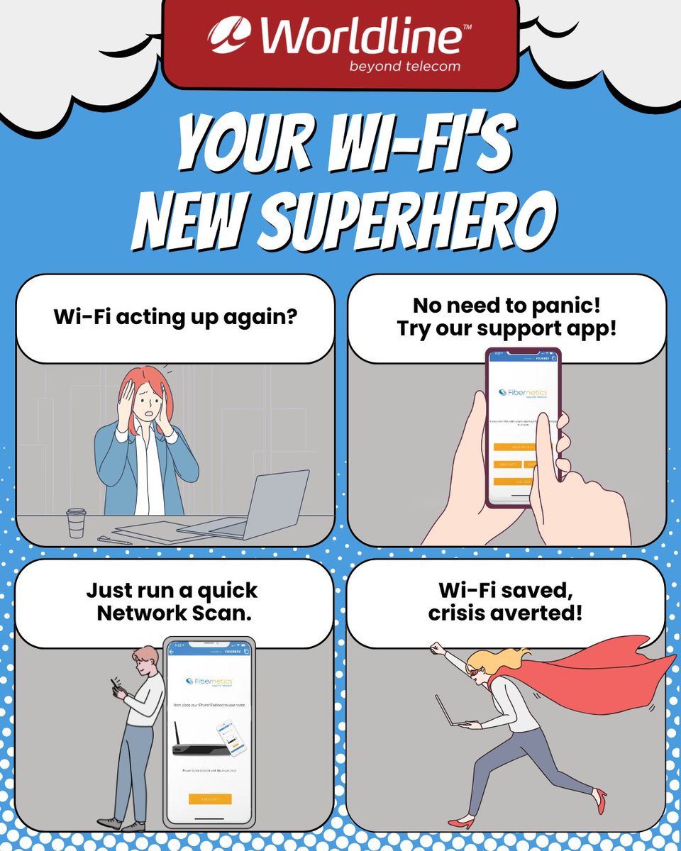 WorldlineCanada's tweet image. Is your Wi-Fi acting up again?
Use the Fibernetics WiFi Support App, your new superhero!

Run a quick Network Scan to:
✔ Diagnose speed issues
✔ Boost weak signal zones
✔ Stop video buffering

Available 24/7
💥 Download: worldline.ca/support/suppor…

#WiFi #Internet