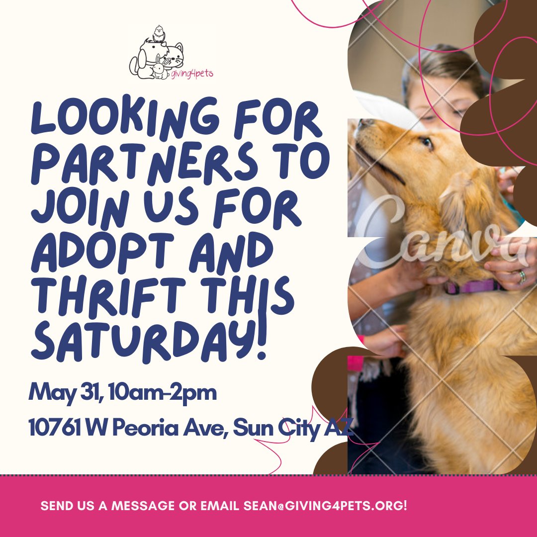 We’re looking for amazing rescue partners to join us for Adopt &amp; Thrift this Sat! 

If you're looking to showcase adoptable pets, connect with the community, and raise awareness for your mission, we’d love to have you!

📅 May 31, 10am-2pm
📍 10761 W Peoria Ave, Sun City Az