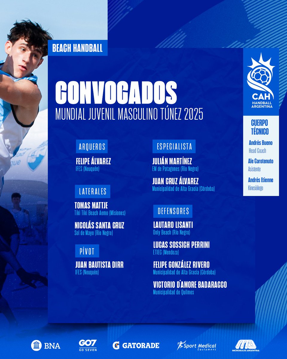 ¡Los 10 detrás del sueño Mundial! 🇦🇷💥

Estos son los atletas que representarán a Argentina en el Mundial sub-17 de Beach Handball en Hammamet, Túnez, del 17 al 22 de junio 🇹🇳🏖️. El evento entregará plazas para los Juegos Olímpicos de la Juventud Dakar 2026.