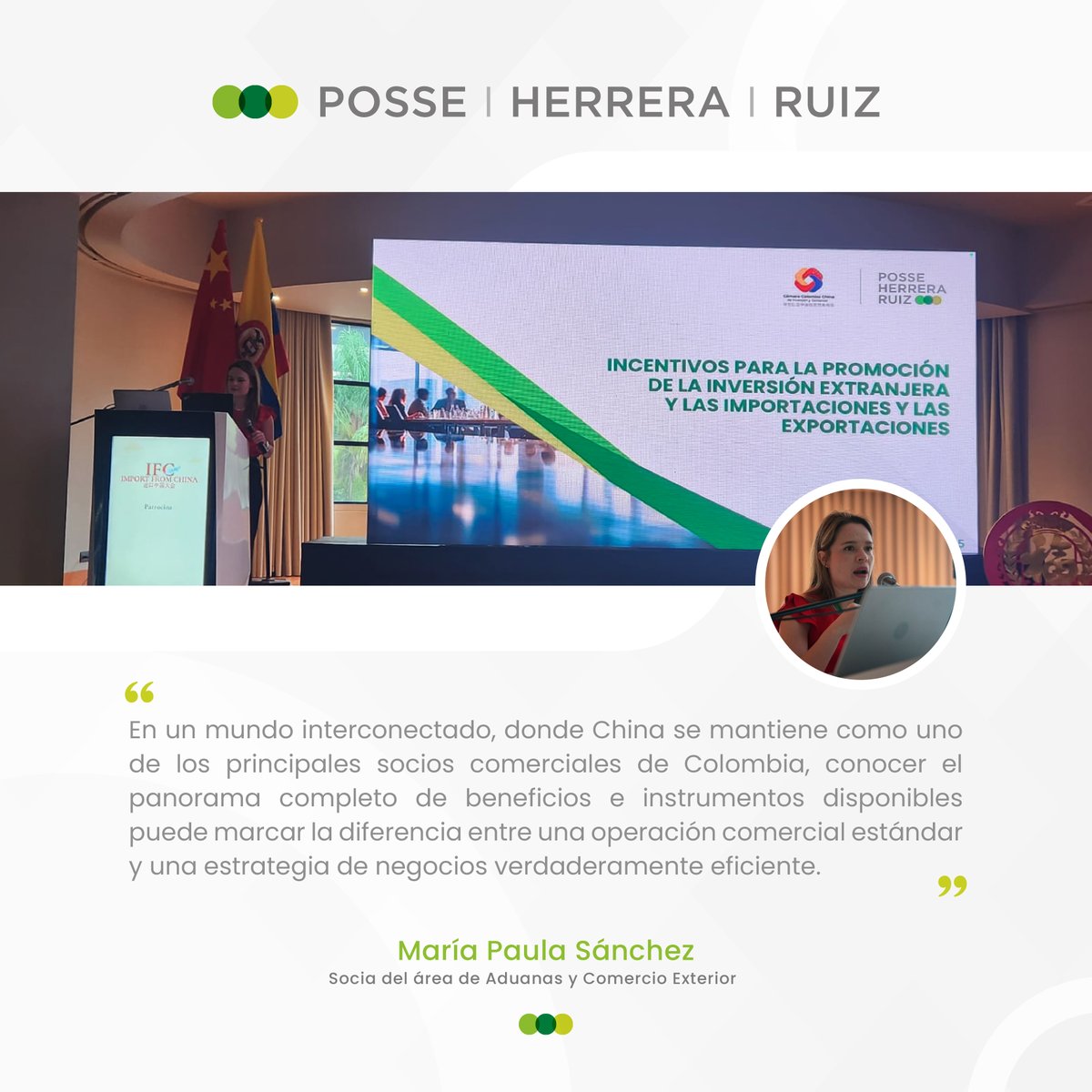 En el evento Importación estratégica: Optimización corporativa, aduanera y fiscal en el comercio Colombia-China, nuestra socia María Paula Sánchez, presentó un análisis clave sobre las oportunidades que Colombia ofrece para potenciar las relaciones comerciales con China.
