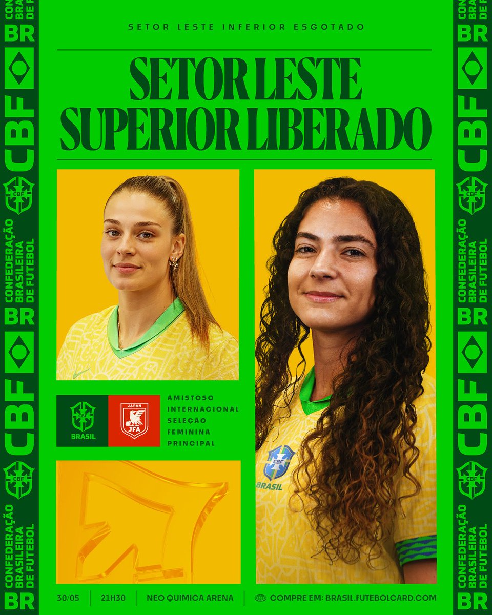 SETOR LESTE SUPERIOR LIBERADO!! 💛💚🇧🇷

Você já pode garantir seu ingresso para o 1º amistoso entre Brasil x Japão, que acontecerá na Neo Química Arena, no dia 30/05.

Quando o Brasil joga em casa, a gente joga junto! 🫵🇧🇷

Ingressos disponíveis em: selecaofeminina.soudaliga.com.br