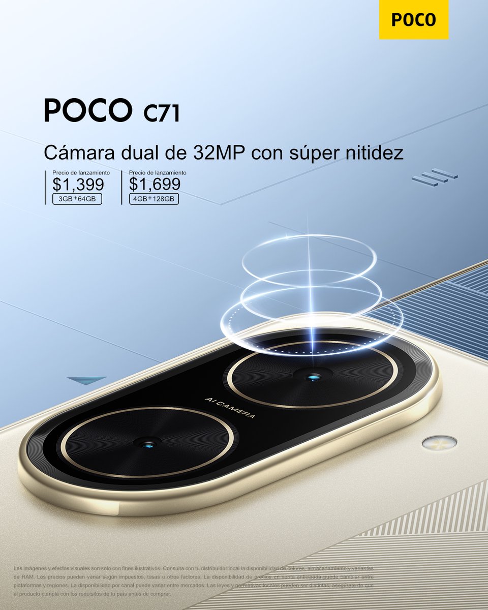📷 Captura cada momento como un pro. Con su cámara dual de 32MP con IA, el #POCOC71 rinde incluso con luz difícil. 📷