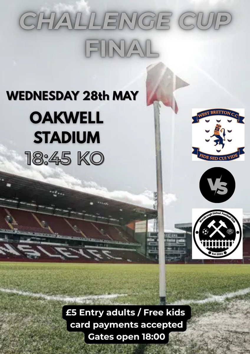 BarnsleySunday's tweet image. 📆 Wednesday 28th May
🏆 Challenge Cup Final
⚽️ @WBFC2021 v Worsbrough United
⏰ 6:45 kick off
🏟️ Oakwell @BarnsleyFC
🎟️ £5 cash or card, kids 🆓
#Barnsley #BarnsleyFC #CupFinal #BarnsleySunday #SundayLeague @NonLeagueFix @SundayLeagueDay @SteveBracknall @dougokane88