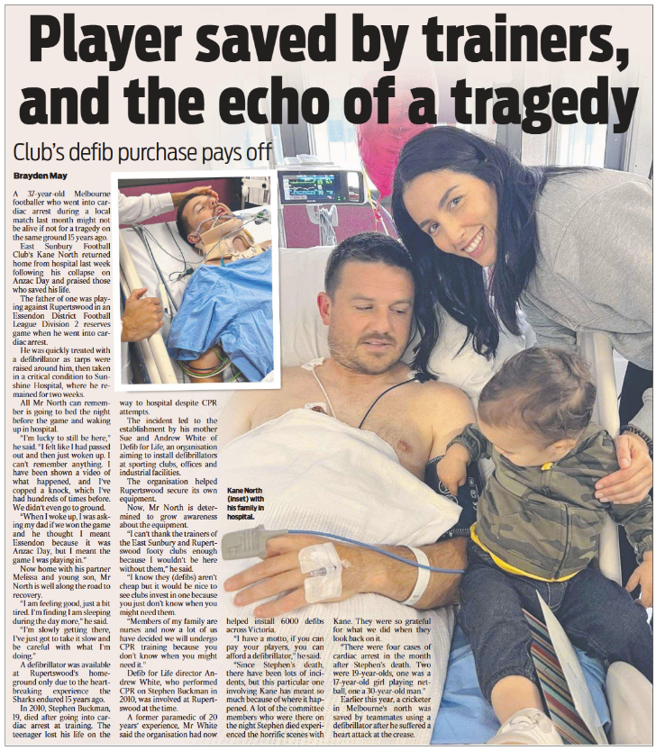 Tony Walker ASM (@agwalker01) on Twitter photo Kane's survival is a testament to the impact of accessible AEDs. 
Thanks to the dedicated work of Andrew White and Sue Buckman to install AEDs at sports clubs and various venues on the back of the tragic loss of Sue's son, Stephen, due to a cardiac arrest 15 years ago at the Kane's survival is a testament to the impact of accessible AEDs. 
Thanks to the dedicated work of Andrew White and Sue Buckman to install AEDs at sports clubs and various venues on the back of the tragic loss of Sue's son, Stephen, due to a cardiac arrest 15 years ago at the