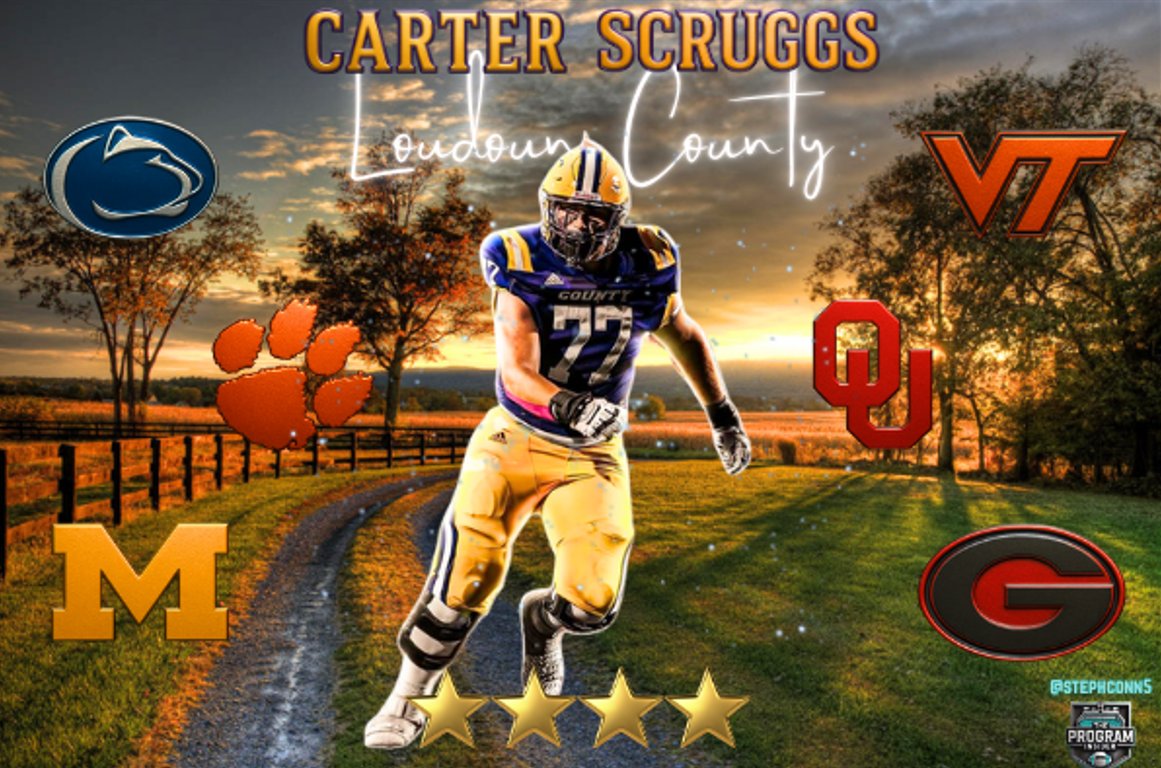 StephConn5's tweet image. 4⭐️ 2026 OT @CarterScruggs_  out of Loudoun County HS (Leesburg, VA) has narrowed his list to six schools: Penn State, Clemson, Michigan, Virginia Tech, Oklahoma, and Georgia. 🏈💥⚡️

#CollegeFootballRecruiting #Top6 🔥