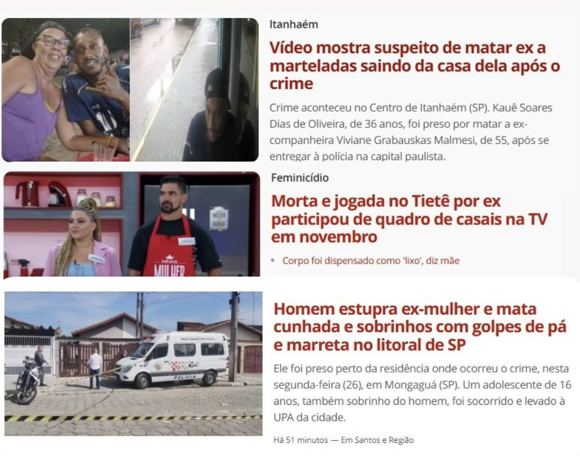 Feminicídio, abuso e violência: um resumo triste das notícias de hoje. Mais 3 mulheres e dois adolescentes mortos, uma mulher violentada sexualmente e um adolescente ferido. Precisamos combater a violência de gênero em todos os níveis, desde a educação até o cumprimento das leis.