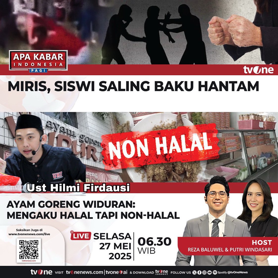 Insya Allah saya live di TV One mulai jam 7.15 membahas kasus RM Ayam Goreng non halal yg sdg ramai. Ada yg mau titip pesan? Bukan pesan ayam gorengnya yaa....amit2 🙈