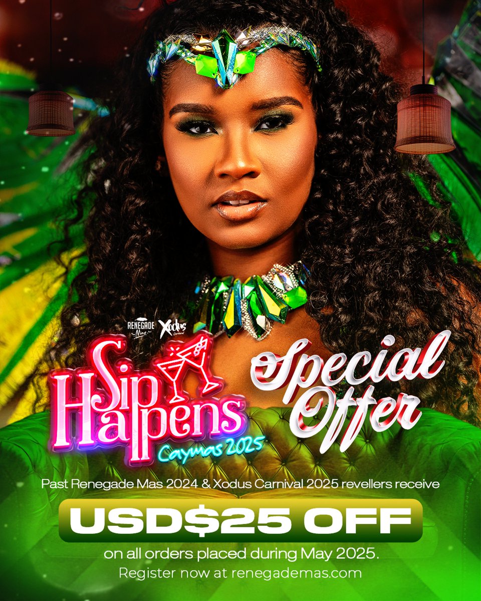 Exclusive offer for our Renegade Mas 2024 &amp; Xodus Carnival 2025 revelers! 🎉💃

Enjoy USD$25 OFF on all orders placed during May 2025. Don’t miss out on this special deal—secure your costume and experience the magic of Caymas 2025. ✨

Register now at renagademas.com!