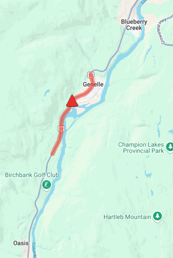 DriveBC's tweet photo. ⛔️#BCHwy22 - CLOSED in both directions due to a vehicle incident at Birchbank Station Rd. No local detour available. Next update at 8pm PDT.
#GenelleBC #CastelgarBC #TrailBC 
ℹ️More information: https://t.co/aSwUjS6k3D https://t.co/kJtai0kk5J
