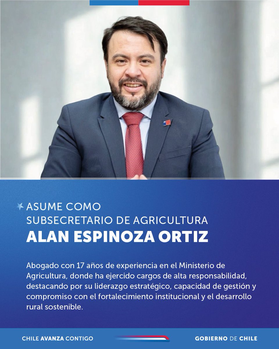 Le damos la bienvenida al subsecretario de Agricultura, Alan Espinoza Ortiz.

La nueva autoridad es abogado con 17 años de experiencia en el Ministerio de Agricultura, donde ha ejercido cargos de alta responsabilidad, destacando por su liderazgo estratégico, capacidad de gestión
