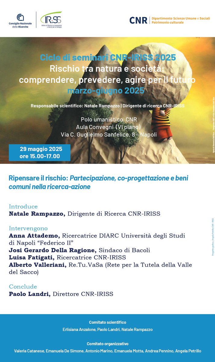 🔎 Seminario "Ripensare il rischio: partecipazione, co-progettazione e beni comuni nella ricerca-azione"
📅 29/05 🕒 15-17
📍 CNR Napoli
A cura di Luisa Fatigati, CNR-IRISS
🎯 Focus su Campi Flegrei, Valle del Sacco e ricerca-azione
👉 cnr.it/it/evento/19906