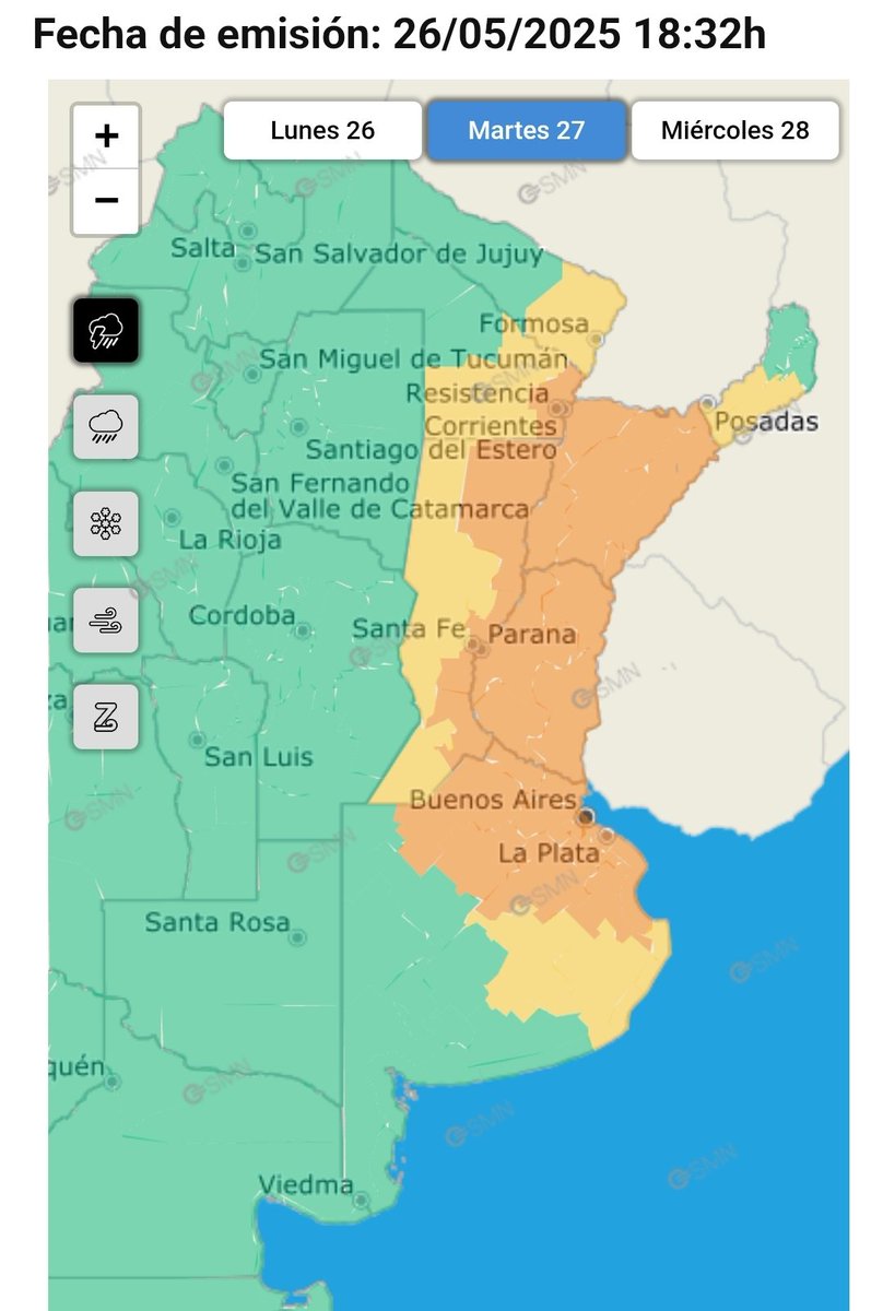 Nacho López Amorín (@meteonacho) on Twitter photo #AlertaNaranja por tormentas fuertes en varias provincias: ráfagas, granizo y lluvias de 60 mm o más. Lo más fuerte sería entre ka madrugada y mañana del martes. ‼️⛈️ Fuente <a href="/SMN_Argentina/">SMN Argentina</a> #AlertaNaranja por tormentas fuertes en varias provincias: ráfagas, granizo y lluvias de 60 mm o más. Lo más fuerte sería entre ka madrugada y mañana del martes. ‼️⛈️ Fuente <a href="/SMN_Argentina/">SMN Argentina</a>