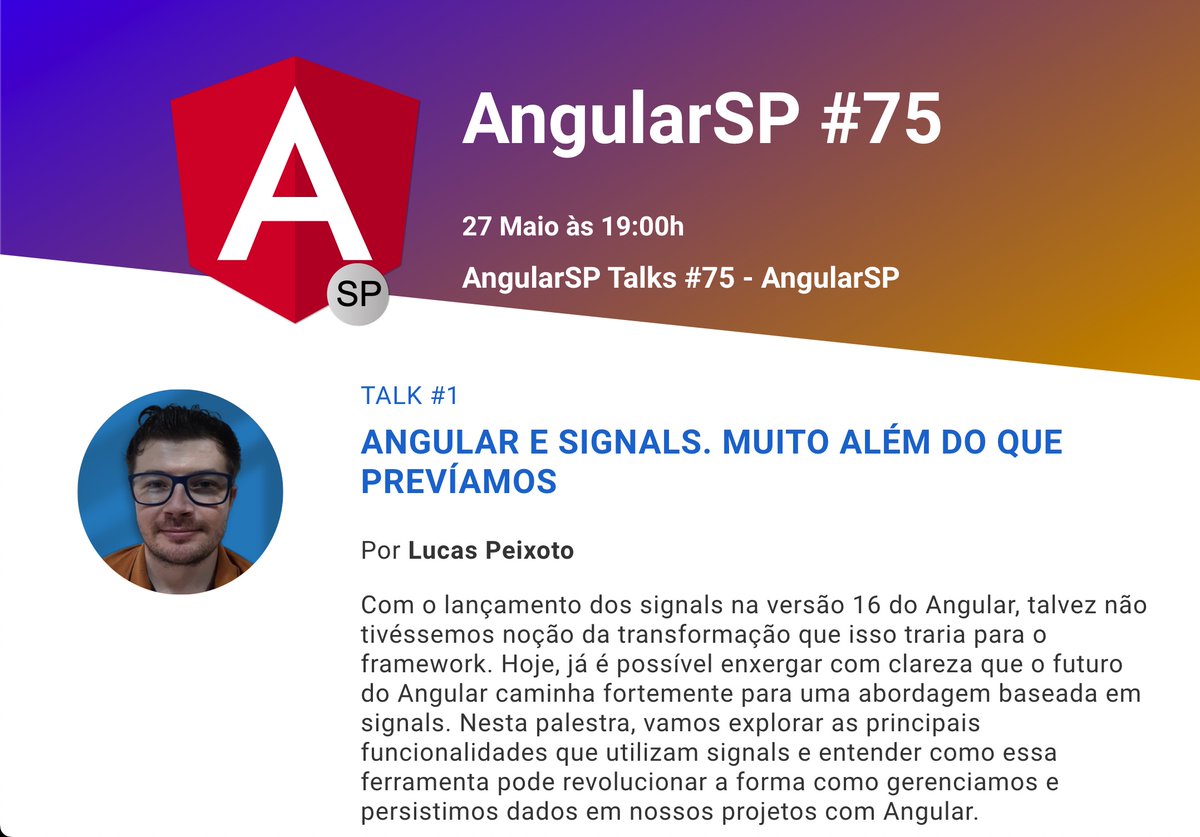 AngularSP's tweet image. Nosso Meetup do mês está chegando e é AMANHÃ (27/05) às 19h !!!! 🚀
Então, vamos juntos aprender muito sobre Angular e Signals com nosso primeiro palestrante convidado, o Lucas Peixoto que é Desenvolvedor na F1RST...
O evento será Online e Gratuito!
youtube.com/watch?v=wWNXwX…