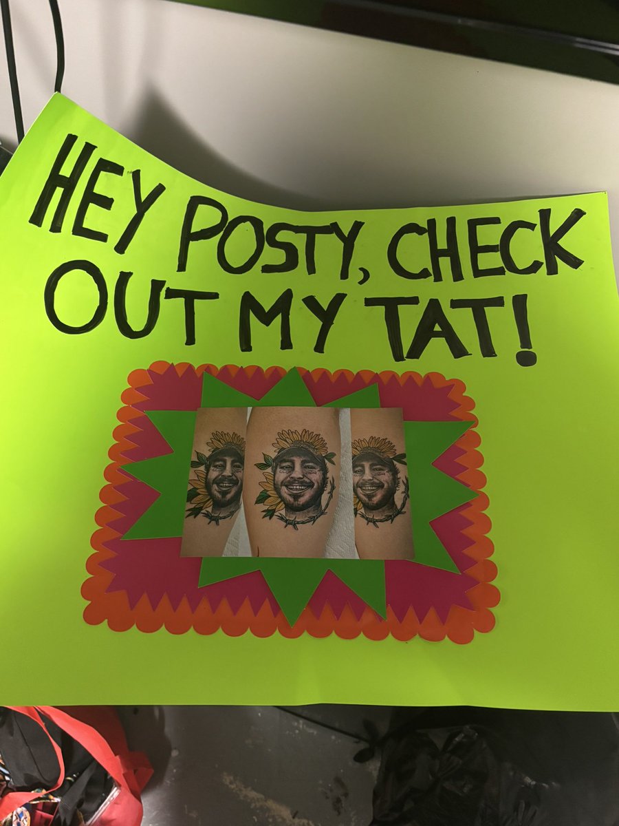 CailaStevens's tweet photo. @PostMalone the poster I couldn’t bring in. Look for me in section A9 row 1! Left of the stage if you’re standing on it. I have fake sunflowers lol https://t.co/ZP6VHORidx