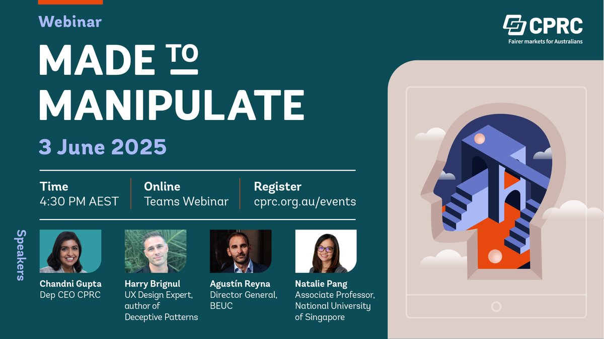 📅 June 3: Join our WEBINAR "Made to Manipulate" on dark patterns and their impact on wellbeing. 🌐 Featuring global experts! 📝 Save your spot: cprc.org.au/made-to-manipu… #DigitalWellbeing #DarkPatterns #OnlineDesign #ConsumerRights