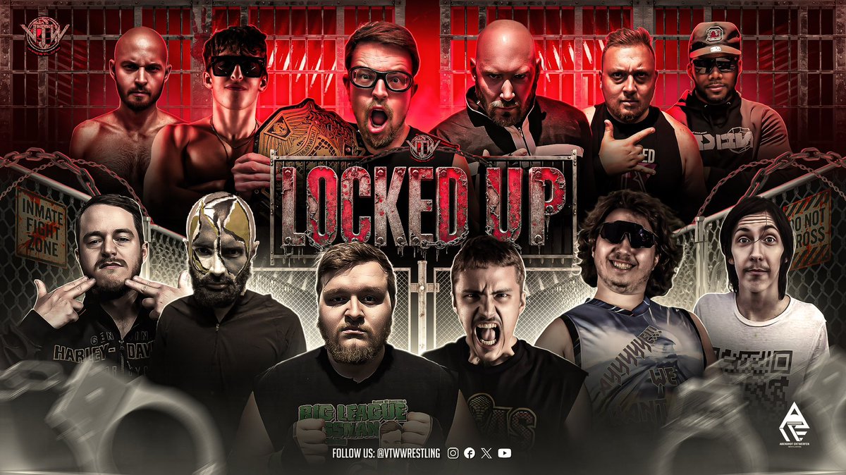 VTWWrestling's tweet image. VTW: LOCKED UP 2025
Official Poster!

⛓️ 2 Penitentiary Matches: 4 competitors handcuffed to the ring, 2 start inside. One released every 2 minutes.

👑 World Title on the line
🎯 YouTube Title shot at VTW Mania

📺 Premiere coming soon on YouTube
#VTW #LockedUp2025