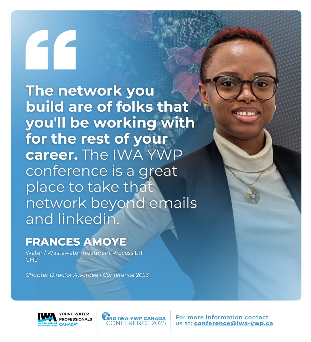 Curious what it’s like to attend the IWA YWP Canada Conference? Frances (Okoye) Amoye , Water/Wastewater Treatment Process EIT at GHD, shares her thoughts here:
linkedin.com/posts/iwa-ywp-…

🔗 REGISTER NOW: iwa-ywp.ca/registration-p…
 
#Conference2025 #IWAYWPCanada #WaterConnections