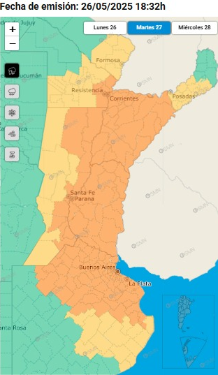 SMN_Argentina's tweet photo. 26 - 27 MAY ⚠️ #Alertas por #tormenta:

⚠️ Lluvias intensas
🟧 40-90 mm con ráfagas ≥ 90 km/h
🟨 30-70 mm con ráfagas ≥ 70 km/h
🧊 Granizo

📲 Más información y recomendaciones: https://t.co/GRjfngFWuF https://t.co/iWKVwhRmcI