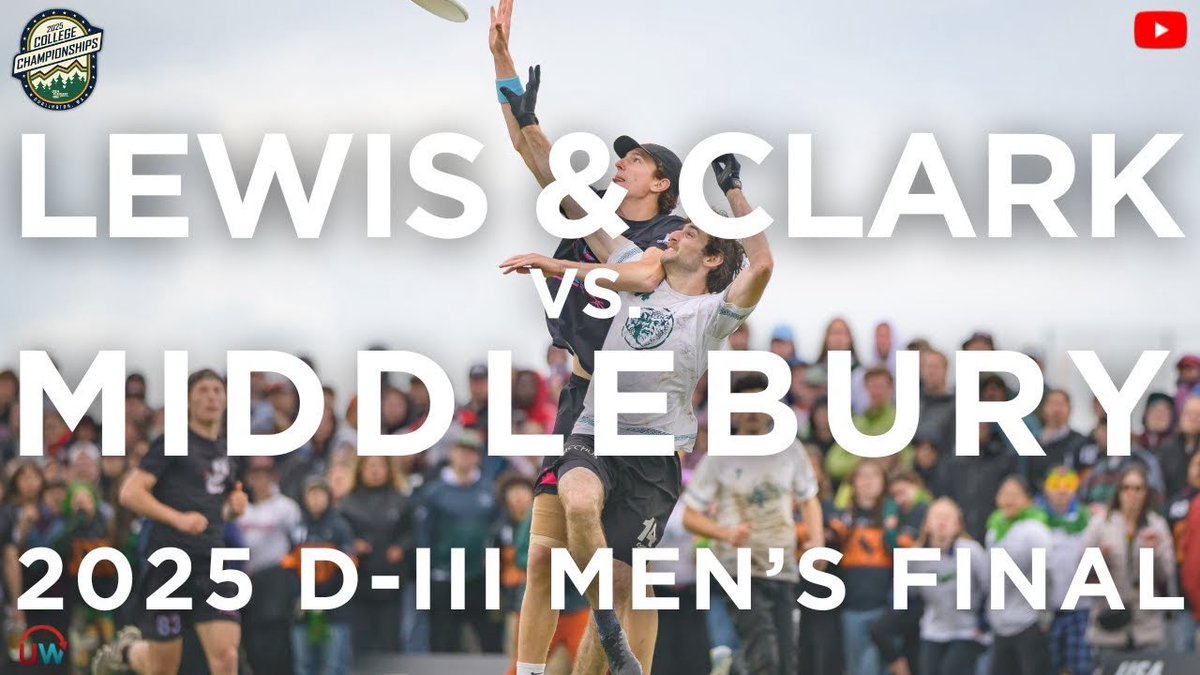 Now on YouTube: Lewis &amp; Clark vs Middlebury | Men's Final | 2025 USA Ultimate D-III College Championships

youtu.be/DU679DQRysw?si…