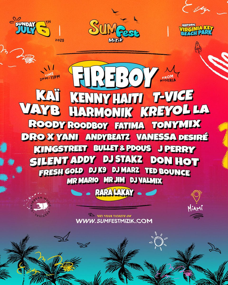 The lineup is LOADED and the vibes are unmatched🚀🌎
Sumfest Mizik 2025 is bringing a stacked list of your favorite artists to MIAMI this July 6th! 🔥🌴

📧 VIP Tables: vip@sumfestmizik.com
🎟️ Tickets available now at tickets.sumfestmizik.com/event/sumfest-…..