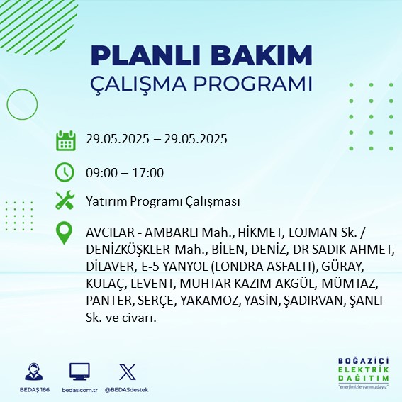 29.05.2025 tarihli Avcılar ilçesi #planlıbakımçalışmaprogramı <a href="/avcilarbel/">Avcılar Belediyesi</a>